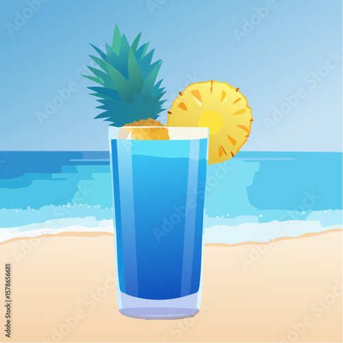 relaxing in blue summer cocktail with pineapple piece on the beach