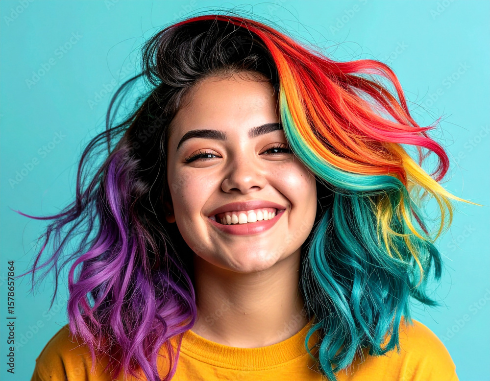 Fototapeta premium Joyful movement portrait of a happy woman with colorful hair studio fashion photography vibrant environment close-up view