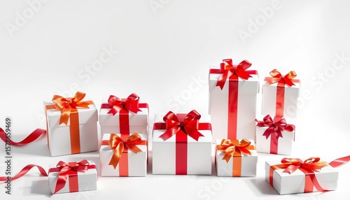 Elegant gift boxes, various sizes and ribbons, pristine white backdrop,  studio,  background