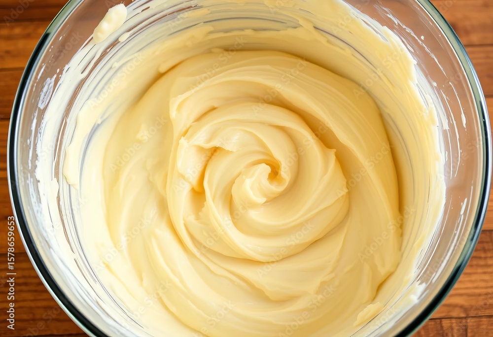 Fluffy vanilla cupcake batter in a mixing bowl, ready for baking, flour, mixer Fluffy vanilla cupcake batter in a mixing bowl, ready for baking, flour, mixer