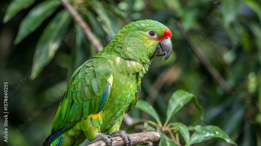 Naklejka premium Vibrant green parrot with red forehead marking perched on a branch