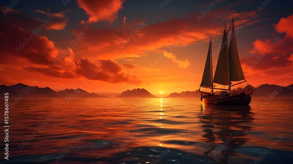 Fototapeta premium A stunning sailboat glides gracefully across serene waters during a vivid sunset, radiating peace and adventure under a colorful sky.