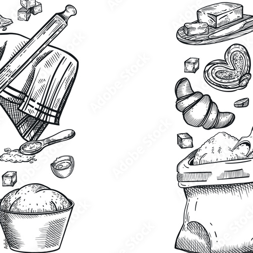 Making dough, a frame of cooking objects. A bag of flour, a bowl of dough, a rolling pin, a tablecloth, a croissant, a sweet bun, butter, sugar cubes, an egg. For printing on fabric and paper. 