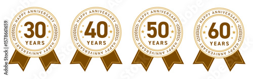 30周年・40周年・50周年・60周年のフラットなアニバーサリーメダルロゴセット（周年記念 ロゴマーク ベクター）