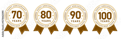70周年・80周年・90周年・100周年のフラットな記念メダルロゴセット（円形 YEARS 長寿 ベクター）