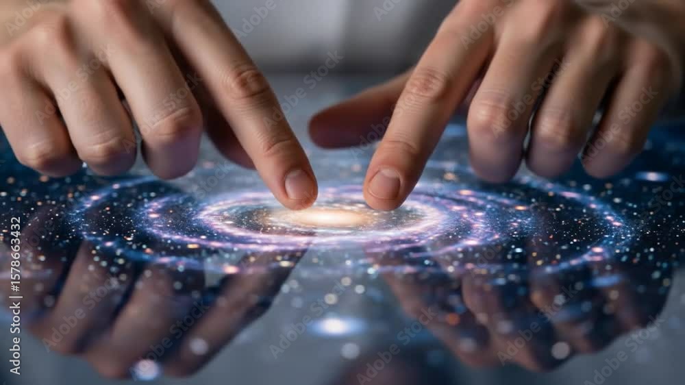 Hands touching a swirling galaxy on a screen Hands touching a swirling galaxy on a screen