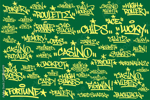 Set of yellow graffiti tags on green background featuring 50 casino-theme