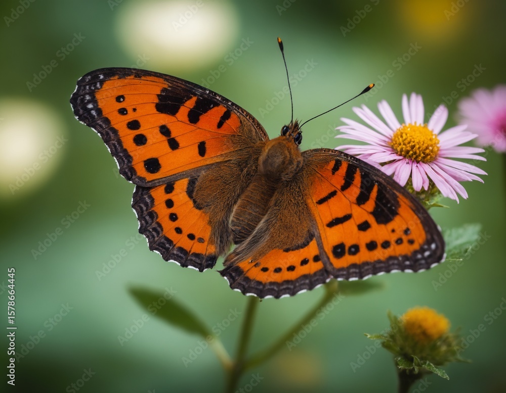 An orange butterfly with black spots rests gracefully on a soft, pink daisy in a tranquil garden. An orange butterfly with black spots rests gracefully on a soft, pink daisy in a tranquil garden.