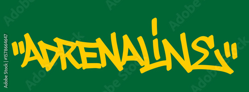 Graffiti tag “adrenaline” in yellow on green background. High-energy graffiti street art showing the thrill, rush, and tension of gambling moments.
