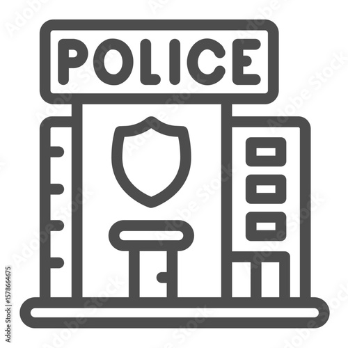 Police department station line icon, police force concept. Vector graphics. Building with safety emblem and entrance sign on white background, outline style icon for mobile or web design.
