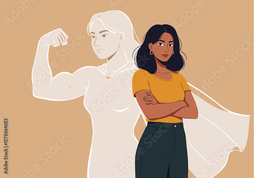 Empowered woman stands confidently with arms crossed, her inner strength visualized by a muscular superhero alter ego, showcasing self-belief and determination.