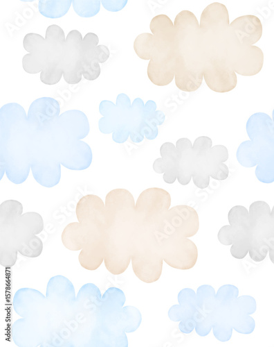 Simple Hand Drawn Irregular Vector Pattern With Pastel Blue, Gray and Beige Clouds on a White Background. Delicate Baby Shower Endless Print For Baby Boy. Wallpaper With Fluffy Clouds. 