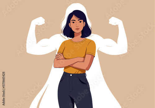 Confident woman with arms crossed stands strong, her powerful superhero shadow flexing muscles in a display of inner strength and resilience.