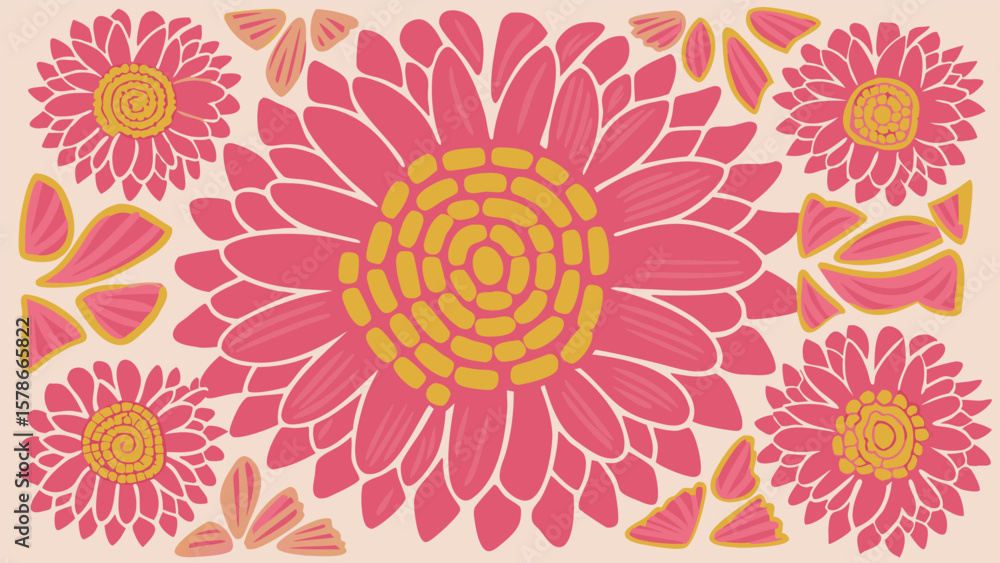 Fototapeta premium A floral arrangement featuring pink sunflowers and scattered petals on a light beige background