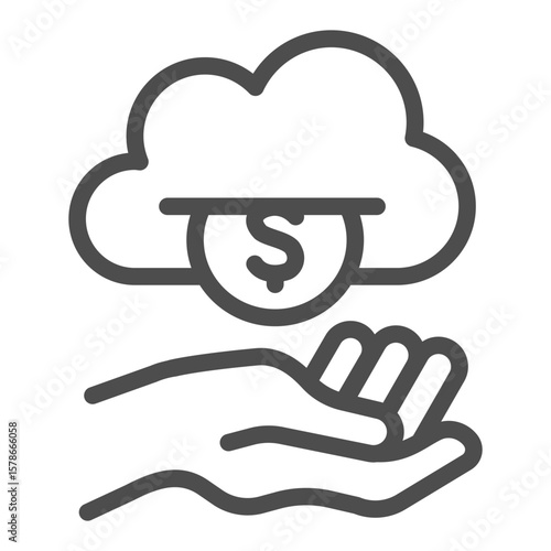 Cloud with coin machine and hand line icon, money payout concept. Vector graphics. Hand with dollar cloud, finance sign on white background, outline style icon for mobile or web design.