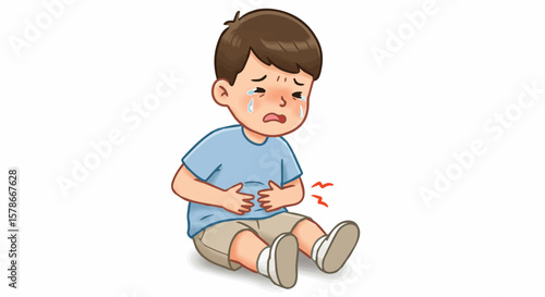 Crying Boy with Stomach Ache Sitting on the Floor