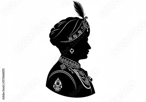 Silhouette of a richly adorned indian maharaja wearing a jeweled turban and pearl necklace