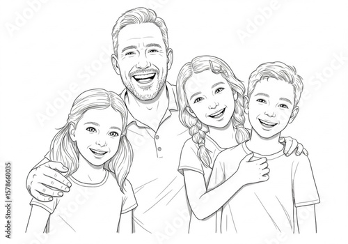 Happy father posing with his two daughters and son in a studio portrait