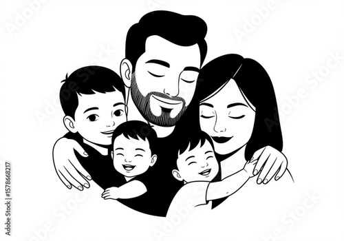 Happy family portrait with parents and three children embracing warmly