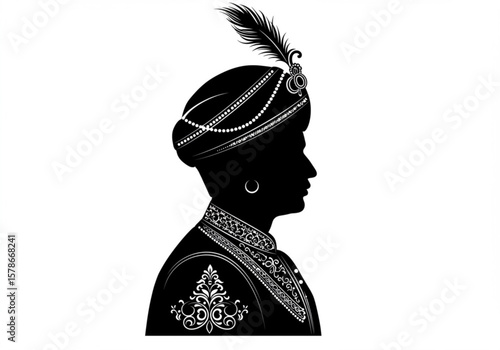 Silhouette of a regal indian man wearing a jeweled turban and ornate clothing