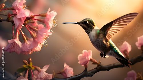 A hummingbird gracefully flies near blossoming cherry flowers, showcasing the beauty of nature and the vibrant colors of spring.