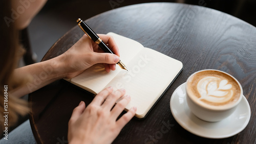Woman's hands writing in a journal with a pen at a cafe table, with a cup of latte nearby; a creative or planning concept.