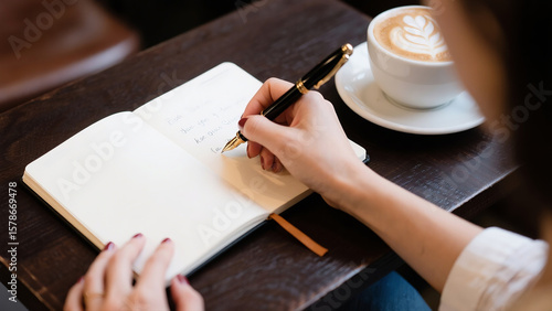Woman's hands writing in a journal with a pen at a cafe table, with a cup of latte nearby; a creative or planning concept.