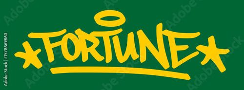Graffiti tag “fortune” in yellow on green background. Bold casino-themed street art showing luck, wealth, and high-stakes dreams in urban style.
