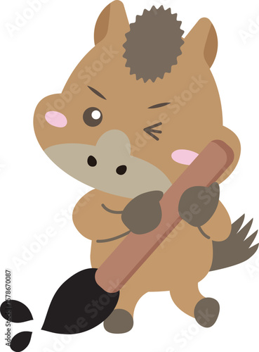 筆を大事に抱えるかわいい馬のキャラクター｜書道・年賀状・干支デザインに使えるイラスト素材