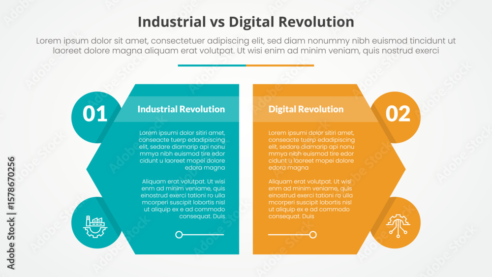 Fototapeta premium industrial vs digital revolution comparison opposite infographic concept for slide presentation with creative hexagon slice with circle badge with flat style