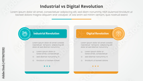 industrial vs digital revolution comparison opposite infographic concept for slide presentation with big box table and circle badge header with flat style
