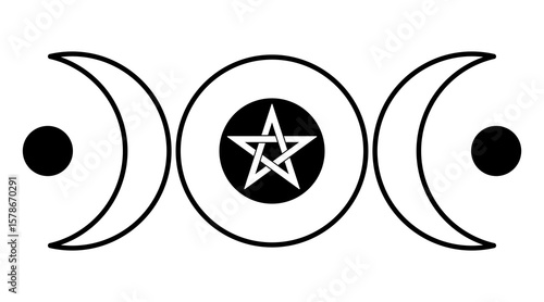 Triple Moon. Crop circle pattern, found 2025 in Wiltshire. Popular Wiccan and pagan symbol representing waxing, full and waning phase of the moon. With intertwined pentagram in the center of the moon.