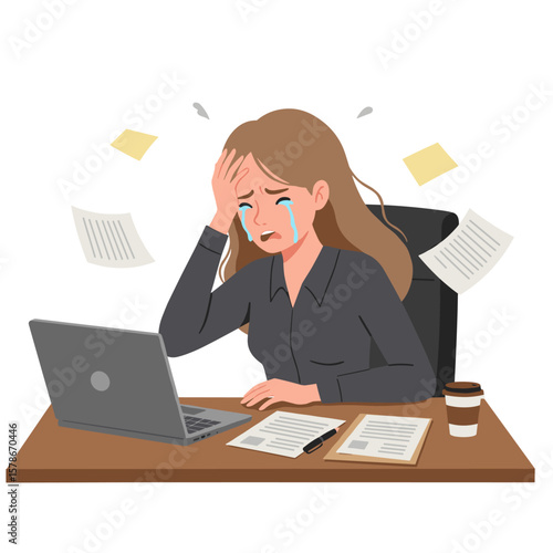 A young woman sits at her desk crying, overwhelmed by work and surrounded by flying papers, likely experiencing burnout and stress in a modern office setting.