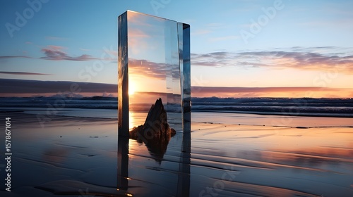 Tableau sur toile A serene coastal landscape featuring a reflective glass monolith reflecting the ocean sunset, blending art and nature in a unique composition