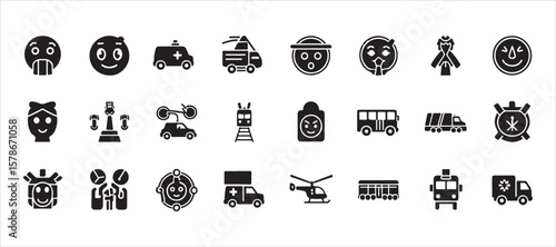set of transport and transportation vector icons. Includes logistics, delivery, shipping, railway, airways, ambulance, emergency car symbols, emojis, emoticons, and a collection of flat illustrations.