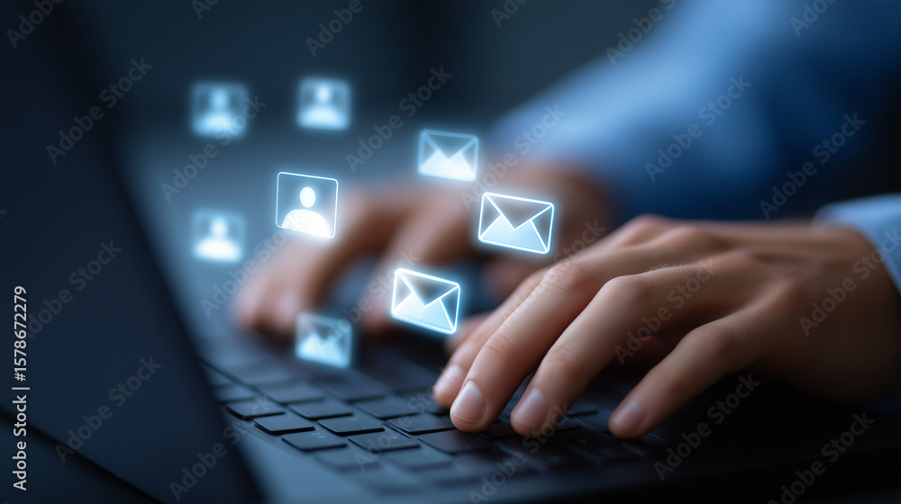 Naklejka premium Close-up typing on a keyboard with floating email envelopes and avatars