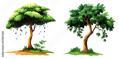 Cartoon trees with slanted trunks isolated on transparent PNG image perfect for educational visuals or fantasy landscapes