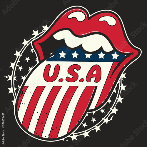 Patriotic USA Tongue Graphic with Stars and Stripes a vintage style design featuring the American flag colors inside a tongue with a star studded frame