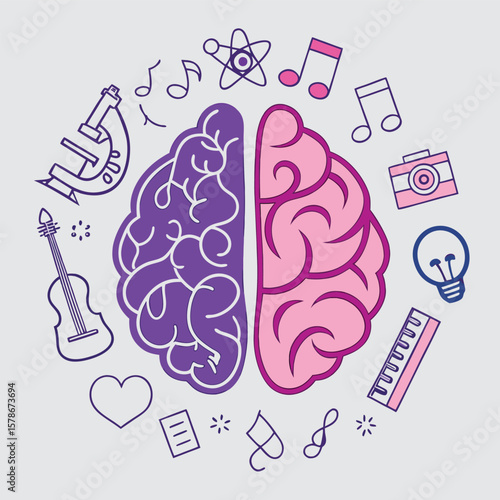 Brain hemispheres with science and art icons representing logical and creative thinking knowledge intelligence education learning innovation and the connection between different aspects of the