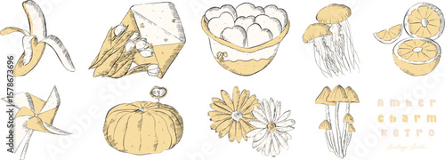 Amber ChA Sunny Assortment of Yellow Delights: Banana, Letter, Cookie, Jellyfish, Lemon, Windmill Toy, Pumpkin, Flowers, Mushroom - clipart vintage style illustration | Vectorarm Retro Vintage Vector