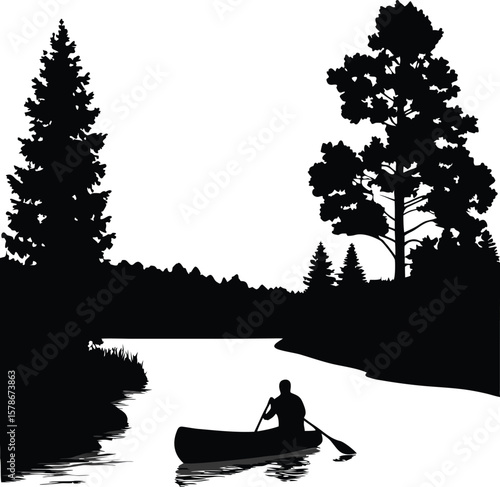 Silhouette of Man Paddling Boat in River, Man Rowing Boat Silhouette, River Paddling Silhouette with Man, Silhouette of Person Rowing on River