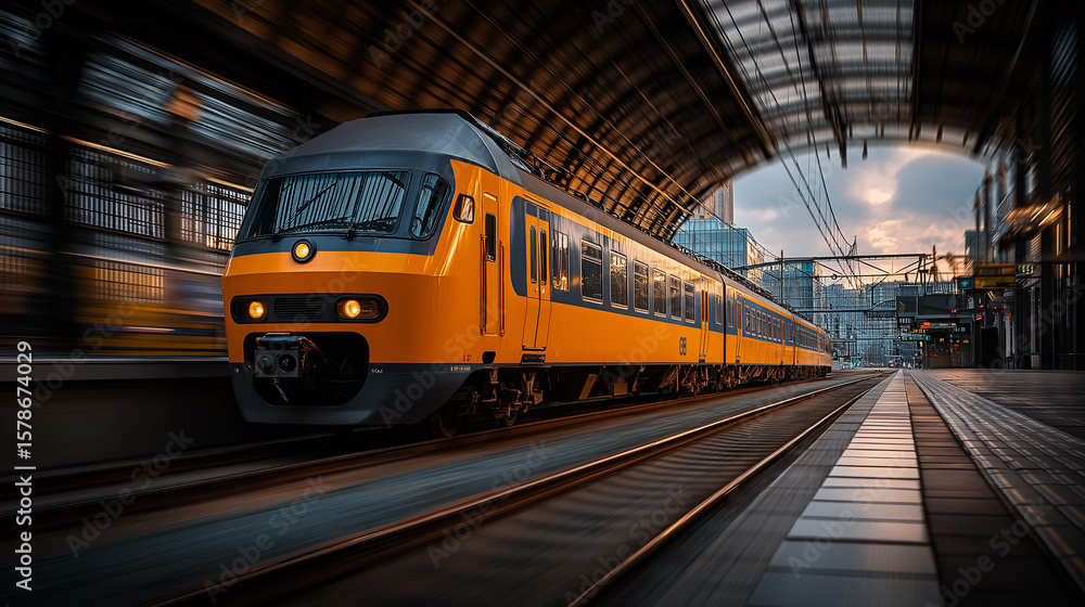 Naklejka premium Orange Train on Platform: A sleek orange train gracefully glides along a platform. the photo captures the dynamic interaction between the train and the station.