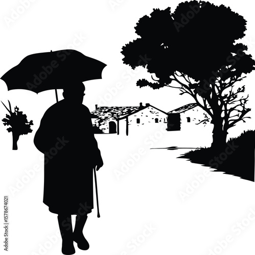 Silhouette of Old Man Walking with Umbrella, Old Man Walking on Village Road Silhouette, Elderly Man Walking Outdoors Silhouette, Silhouette of Man with Umbrella Walking

