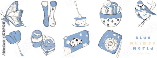 A Charming Collection of Blue & White Vintage Delights: Butterfly, Boots, Cake, Macaron, Bird, Tulip, Jam jar, Ladybug, Camera - clipart retro style illustration | Vector