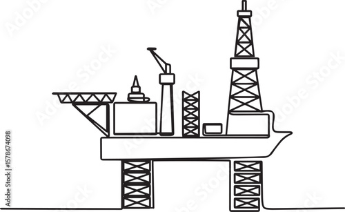  one line drawing of offshore oil drilling platform with central derrick and multiple deck levels