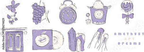 A Whimsical Collection of Purple Vintage Charm: Flower, Grapes, Alarm Clock, Bucket, Lollipop, Window, Music Disc, Crystals, Jellyfish - clipart retro style illustration | Vector