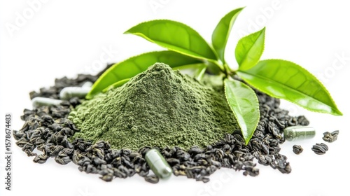 Green powder supplement with tea leaves and capsules