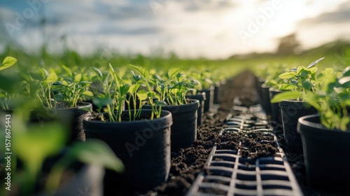 Rows of young pepper plants in small pots