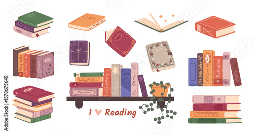 Book stickers for a reading journal. Bookshelf. Novel, fairy tale, romance, folk tales, poetry book. Reading list for bookworms.