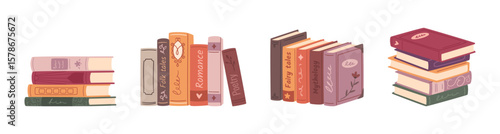 Flat cozy books collection. Stickers for a reading journal. Novel, fairy tale, romance, folk tales, poetry book.
